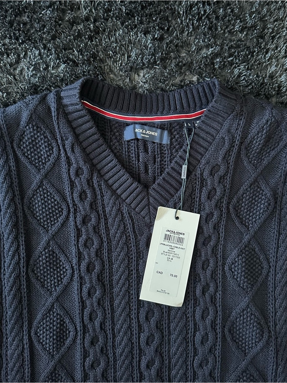 Jack & Jones Navy Cable-Knit V-Neck Sweater with Rib Trim